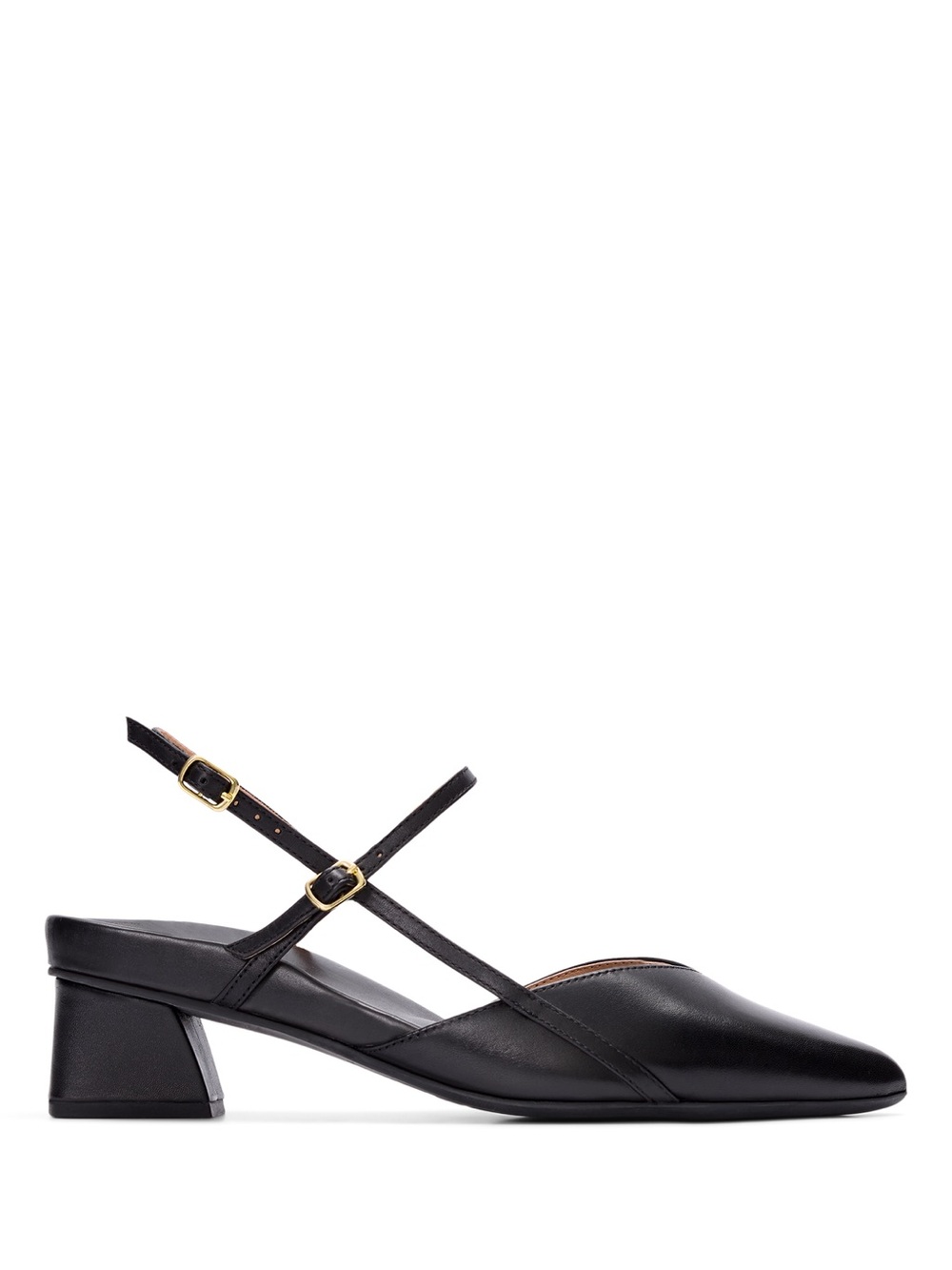 NENE 2 BLACK LEATHER POINTED TOE STRAPPY LOW BLOCK HEEL